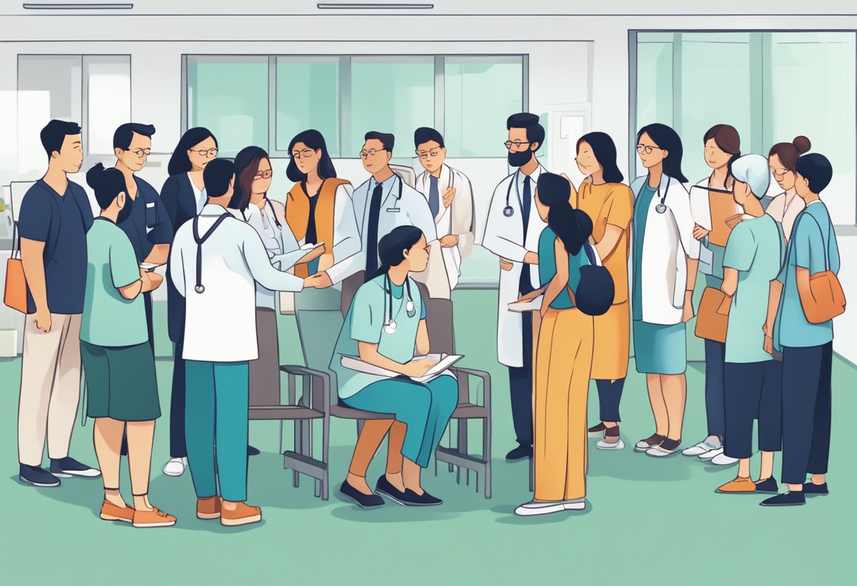 A group of people gathered around a sign that reads "Frequently Asked Questions" at a Singapore medical facility
