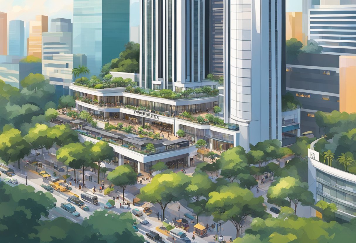 Orchard Road Marriott Tang Plaza, Singapore. Tall hotel building, palm trees, bustling street with shops and cars