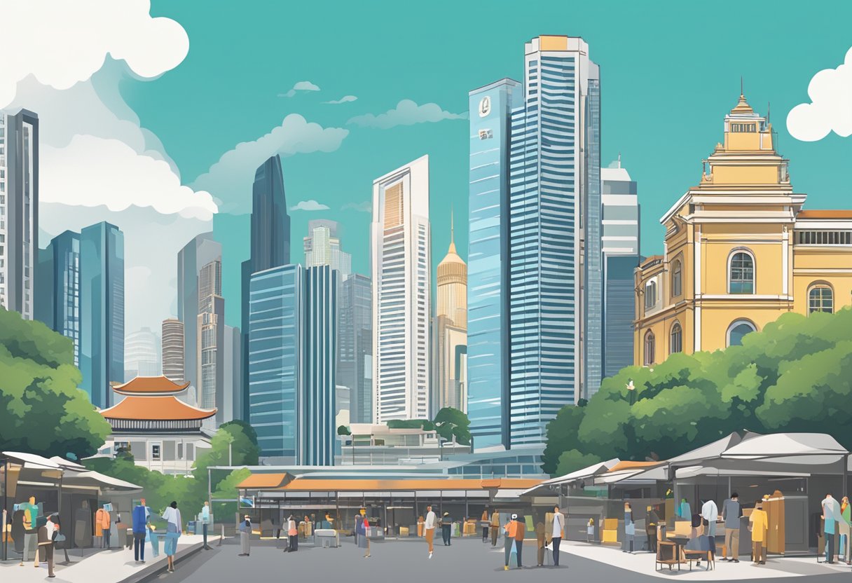 A bustling cityscape with modern skyscrapers and historic buildings in Singapore, with a prominent "Frequently Asked Questions" sign