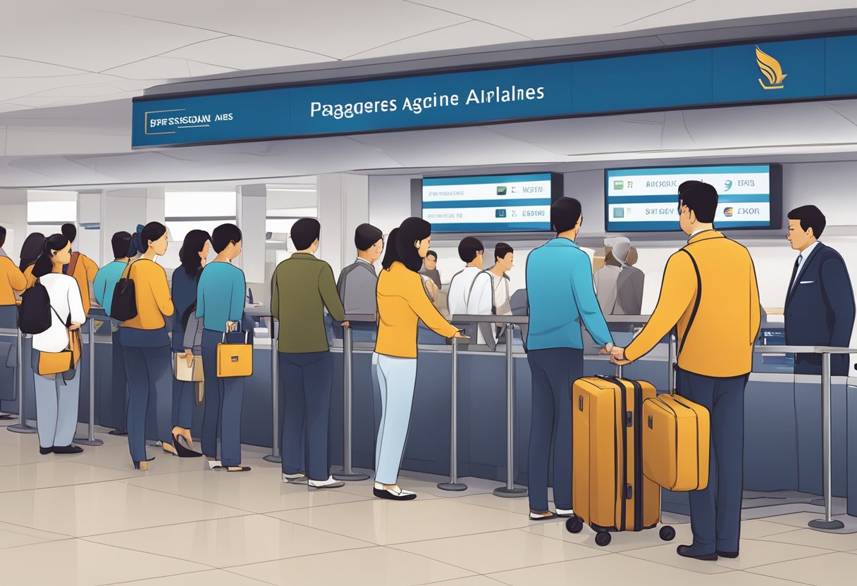 Passengers line up at Singapore Airlines check-in counter with their baggage. Staff assist with tagging and weighing luggage before it is sent off