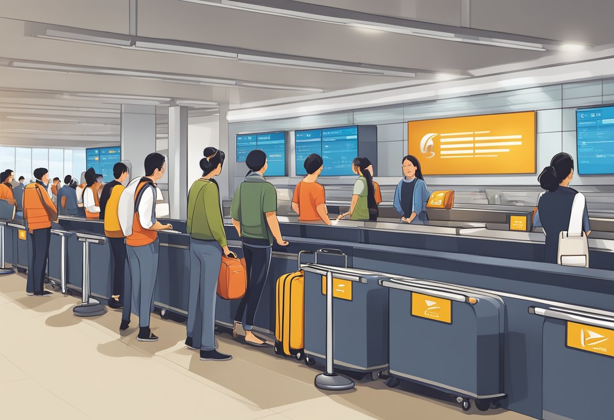 Passengers lining up to check in baggage at Singapore Airlines counter. Conveyor belts and luggage carts in the background