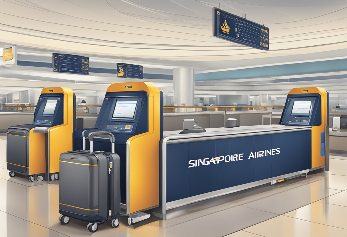 A baggage check-in counter with a Singapore Airlines sign, luggage carts, and a conveyor belt for check-in baggage