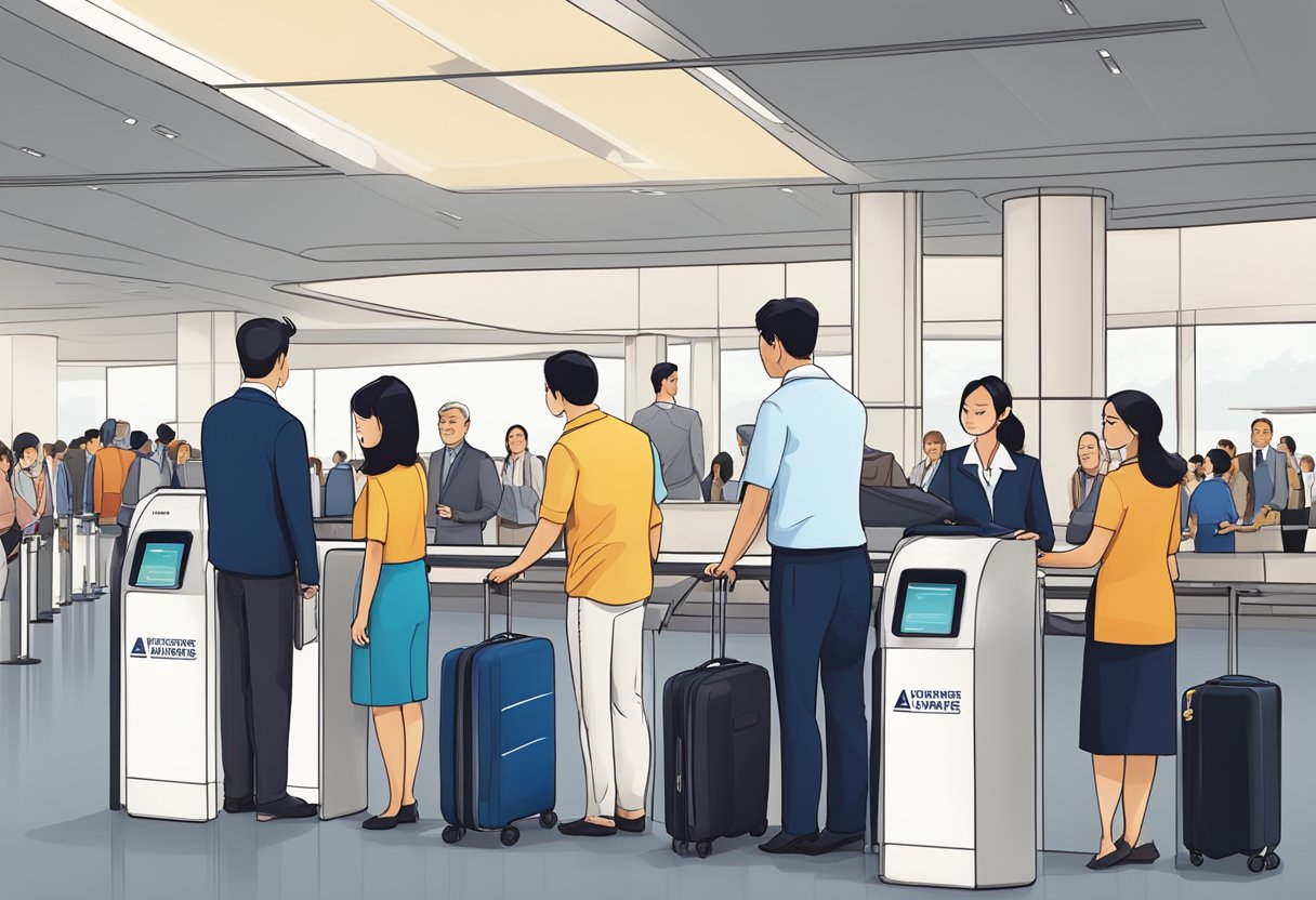 Passengers lining up at Singapore Airlines check-in counter with luggage and documents in hand. Staff assisting customers with baggage and answering questions