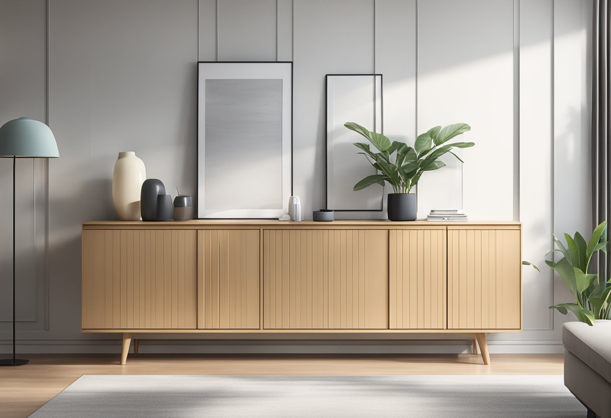A sleek, modern sideboard in a bright, minimalist Singaporean living room, with clean lines and a glossy finish