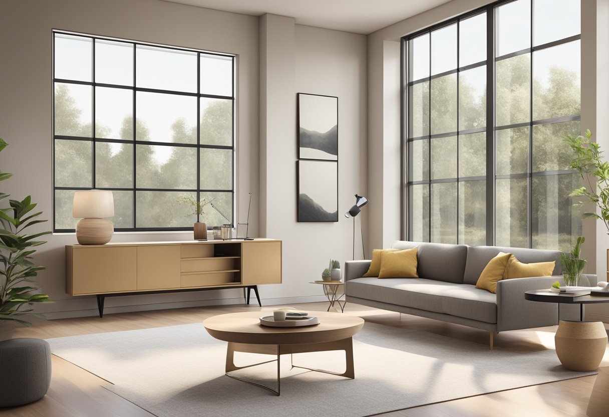 A modern living room with a sleek, minimalist sideboard against a neutral-colored wall, with natural light streaming in through large windows