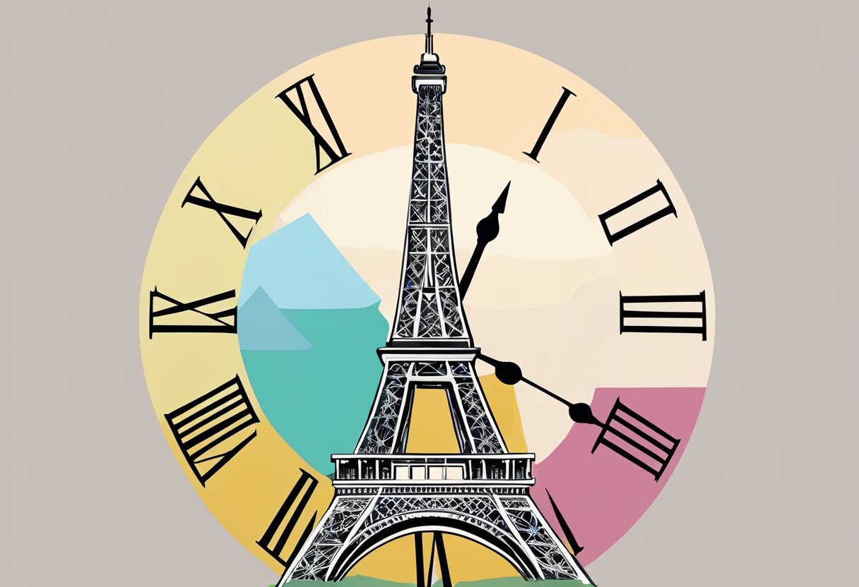 The Eiffel Tower in Paris with a clock showing the time in Singapore
