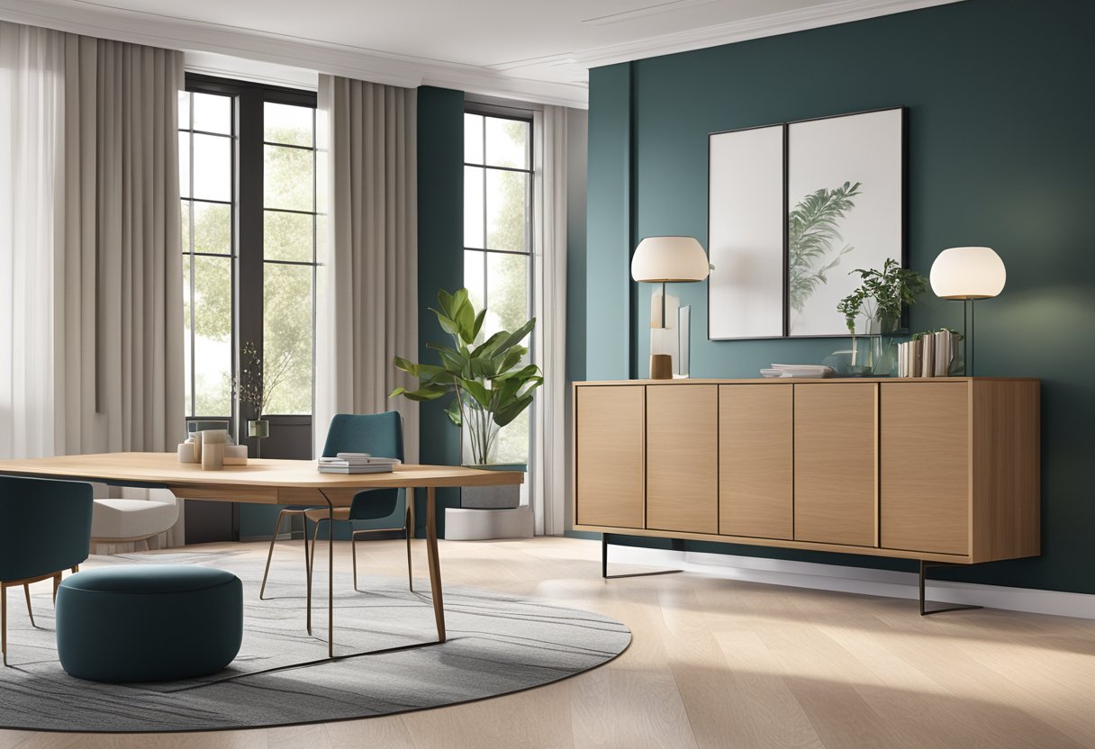 A sleek, modern sideboard in a well-lit room, showcasing its ample storage space and functional design