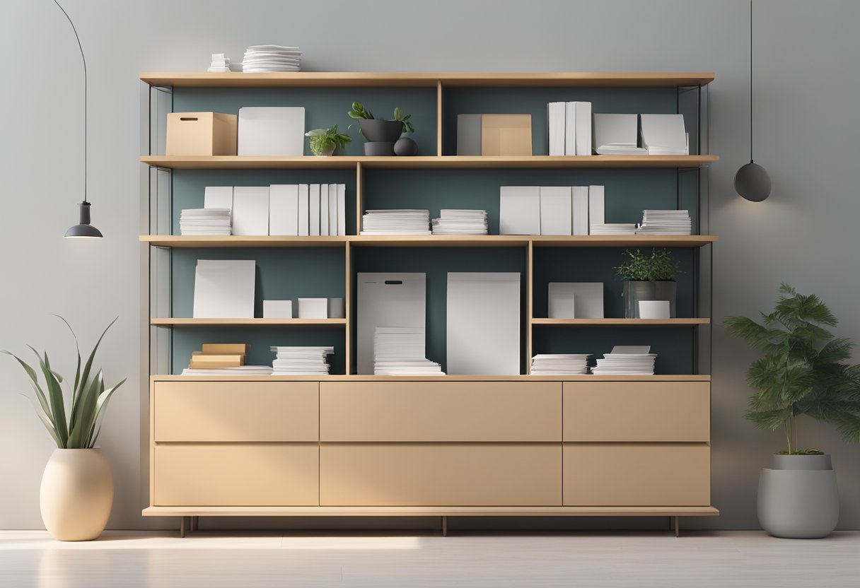 A sleek, modern sideboard with shelves and drawers, displaying neatly organized FAQ documents and brochures, against a clean, minimalist backdrop