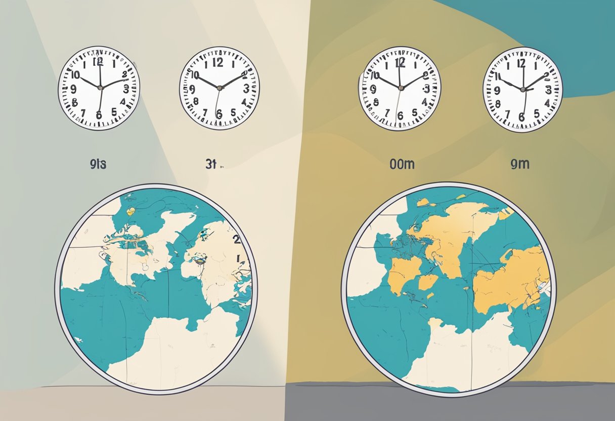 A clock showing 3:00 PM in Paris and another showing 9:00 PM in Singapore, with a world map in the background