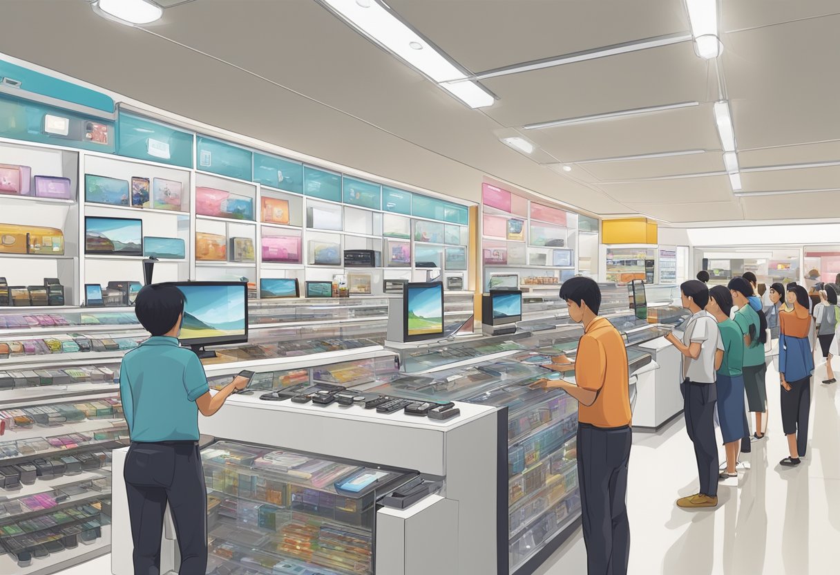 A bustling electronics store in Singapore showcases the latest iPhone models on sleek, modern displays. Customers eagerly gather around, examining the devices and chatting with sales associates