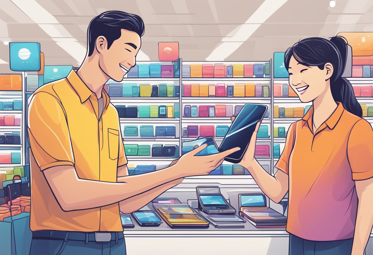 A smartphone with a sleek design and a vibrant screen is being handed over to a smiling buyer in a bustling electronics store in Singapore