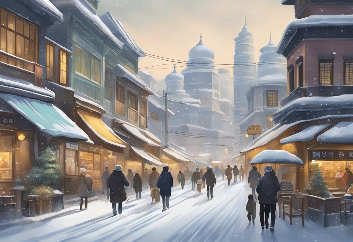 A bustling street in Singapore leads to a serene snow-covered landscape in Harbin