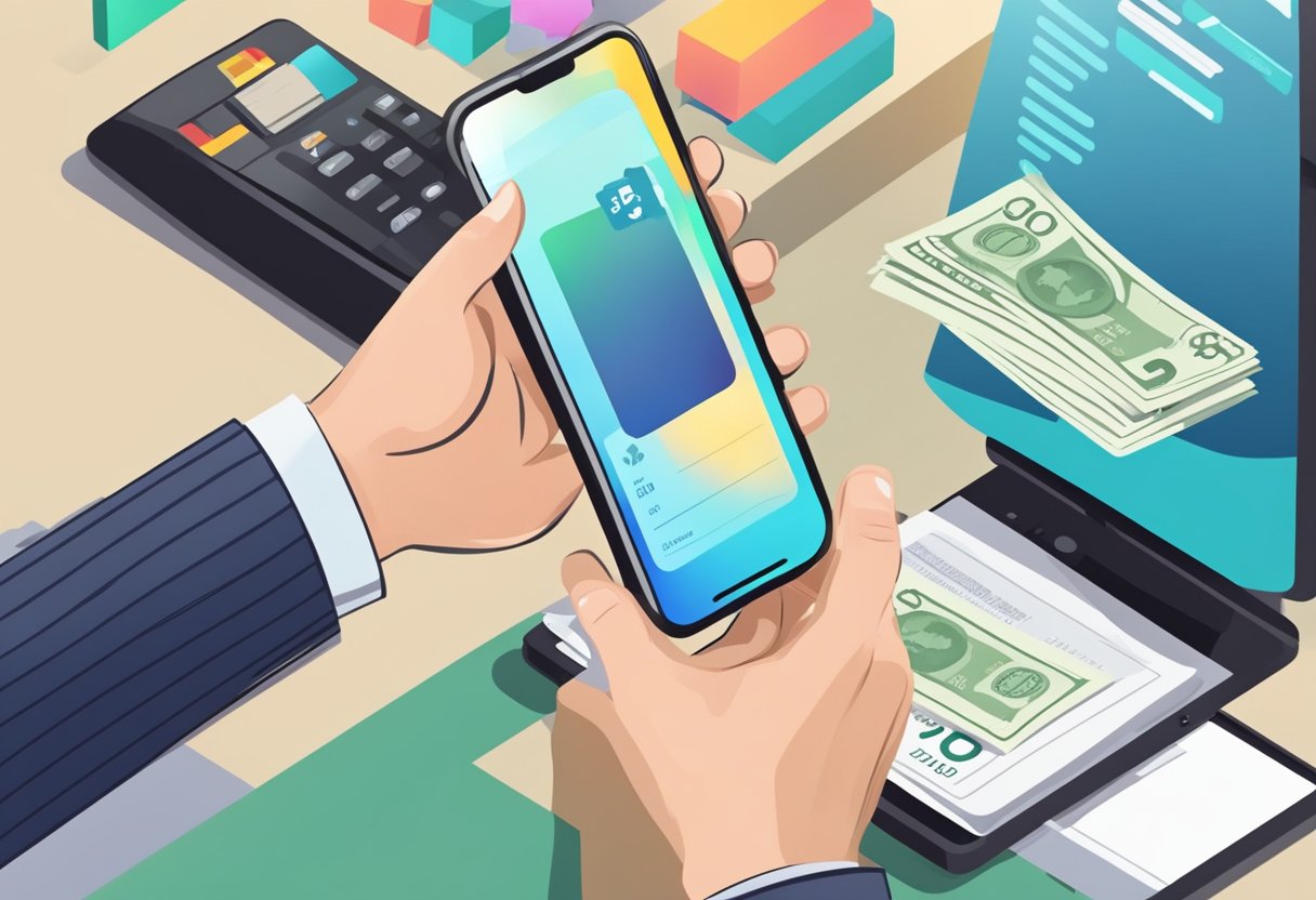 A hand holding an iPhone, with a smiling customer and a salesperson exchanging money and a receipt in the background