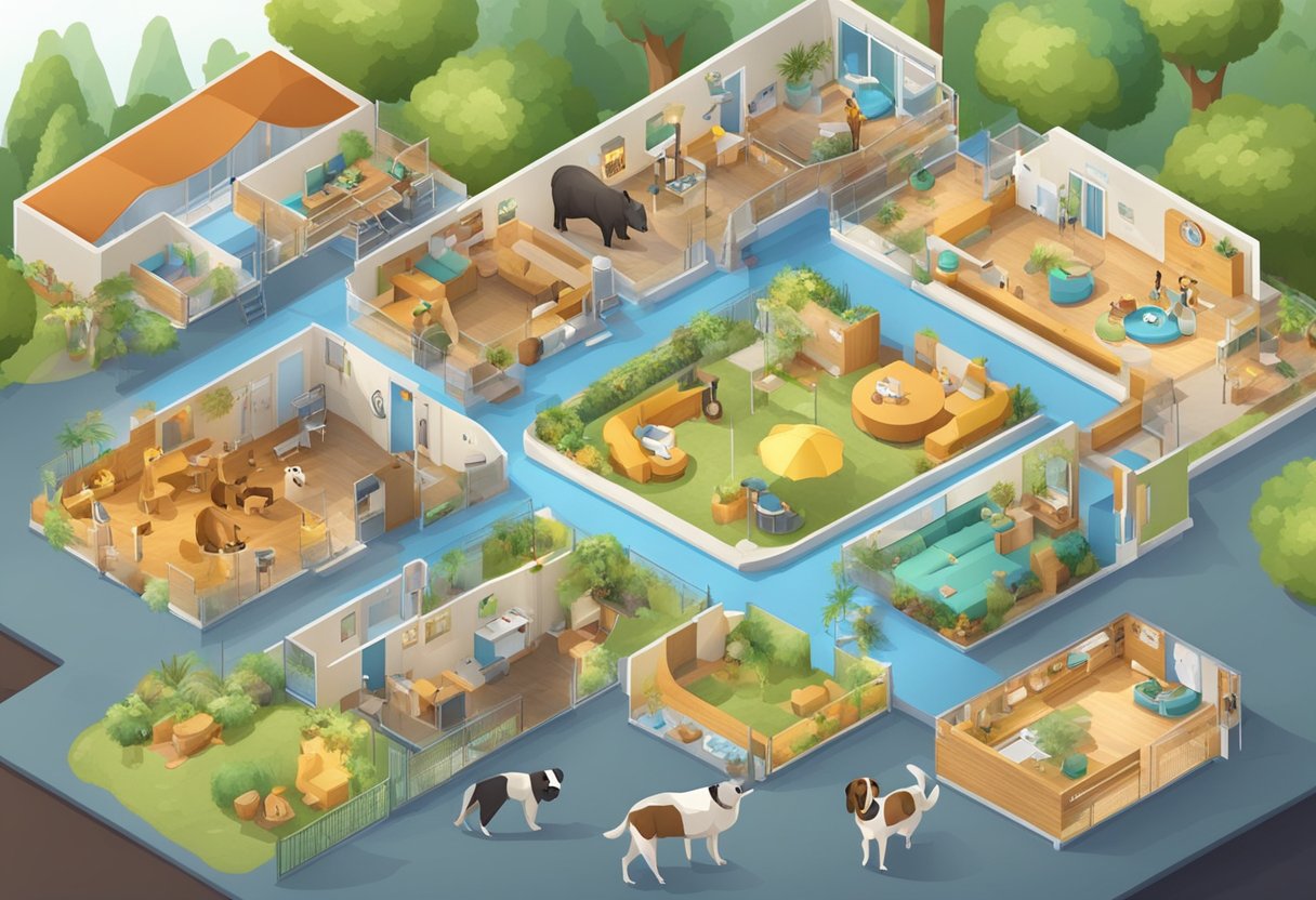 Animals enjoying spacious boarding facilities with cozy beds and toys, surrounded by attentive staff and a variety of amenities