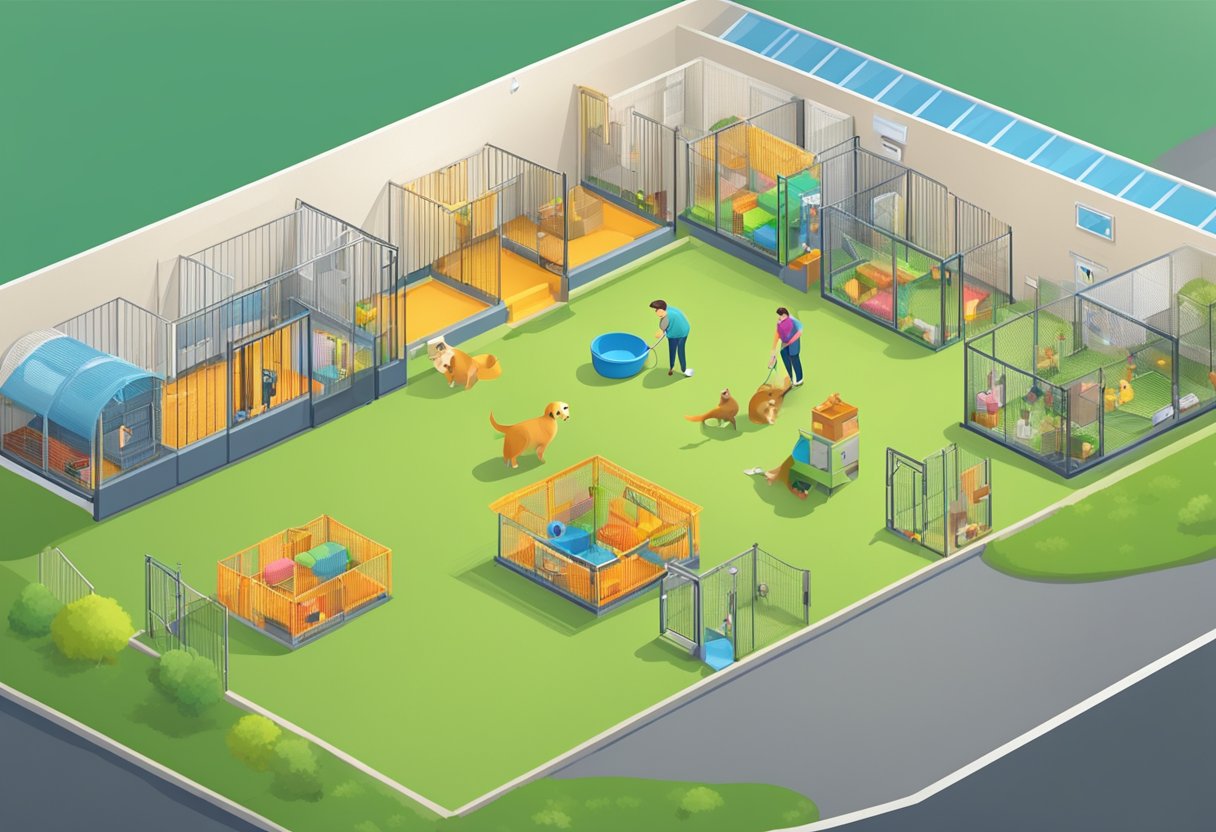 A cozy pet boarding facility with clean, spacious enclosures, colorful toys, and a friendly staff attending to happy pets