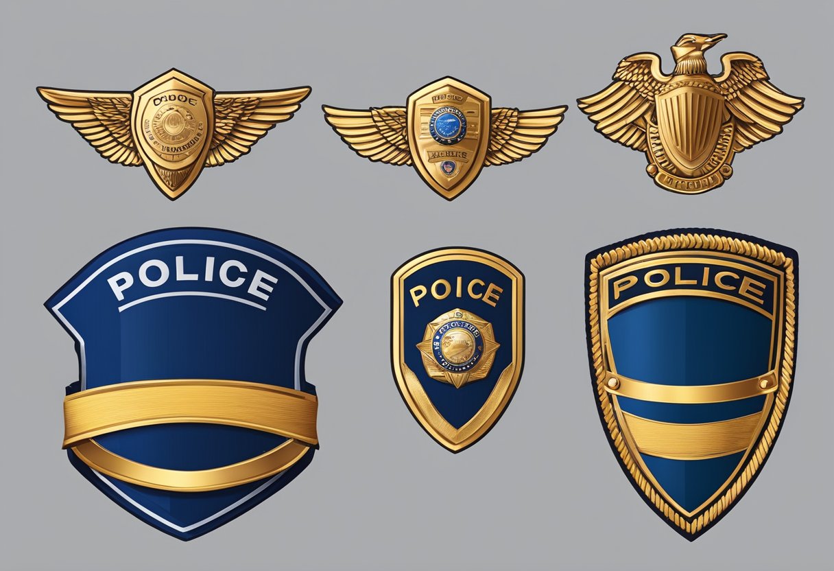 A row of police insignia, including badges and epaulettes, arranged in a neat line