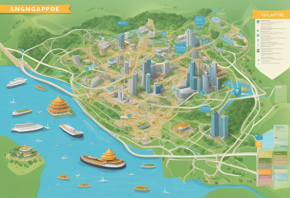 A map of Singapore and Harbin with travel routes, landmarks, and transportation options displayed