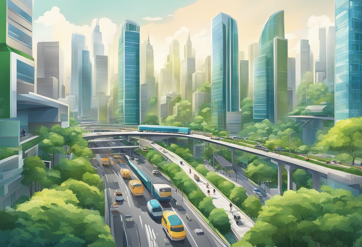 A bustling cityscape with modern skyscrapers, lush greenery, and a network of bustling streets and transportation systems