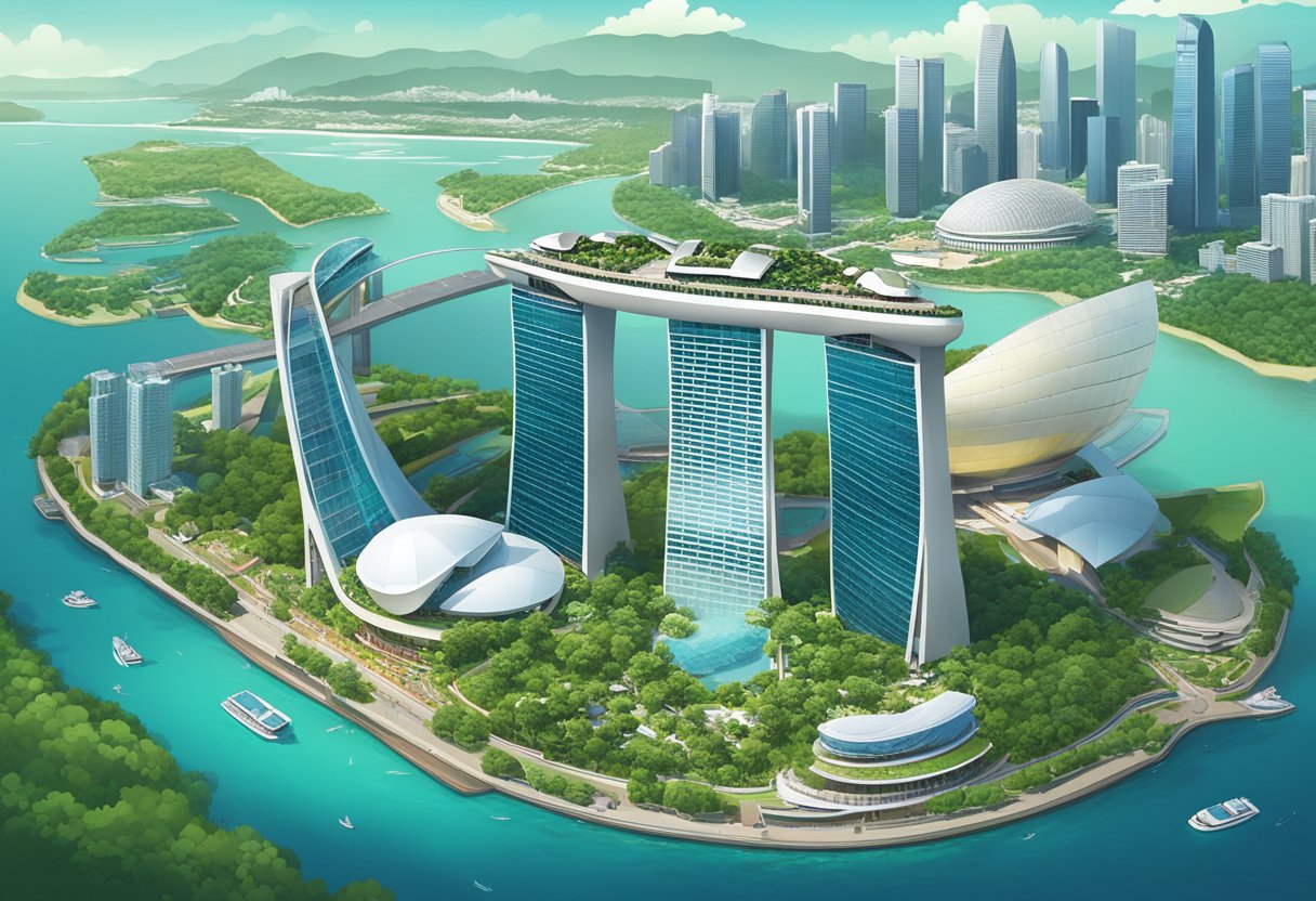 Aerial view of Singapore's iconic skyline with towering skyscrapers and the Marina Bay Sands integrated resort, surrounded by lush greenery and the glistening waters of the Singapore River