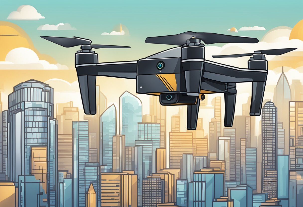 A delivery drone hovers over a modern city skyline, dropping off a package with the Amazon SG Prime logo