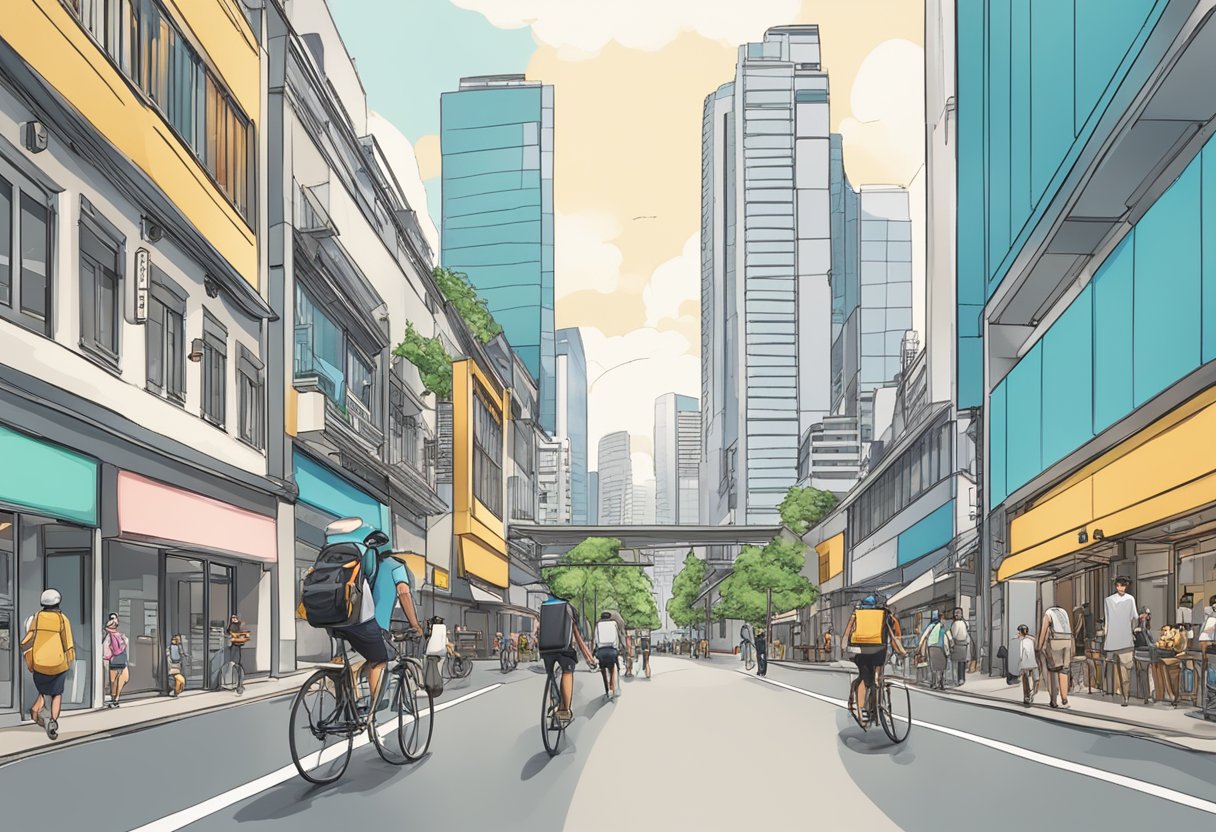 A bustling city street with modern buildings, people walking and cycling, and a prominent "Quad Lock Singapore" storefront sign