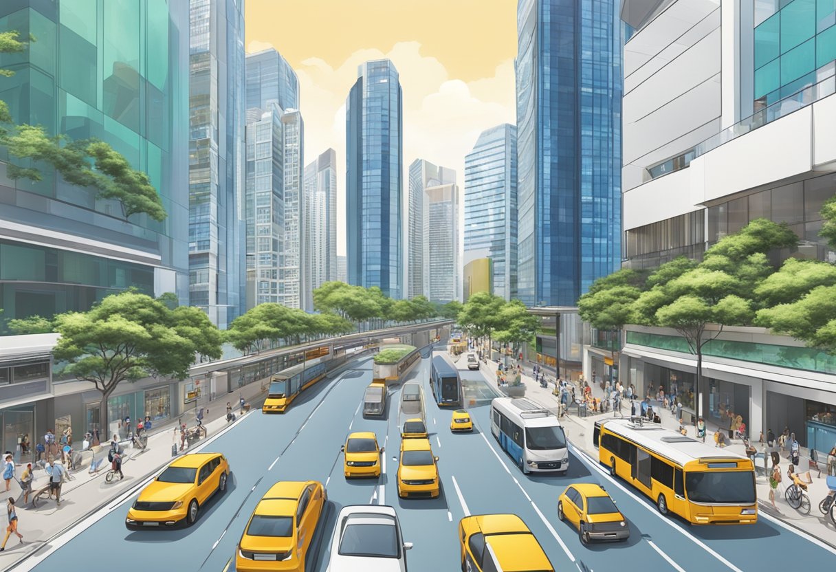 A bustling city street in Singapore with a prominent Quad Lock Solutions storefront, surrounded by modern skyscrapers and bustling with pedestrian and vehicle traffic