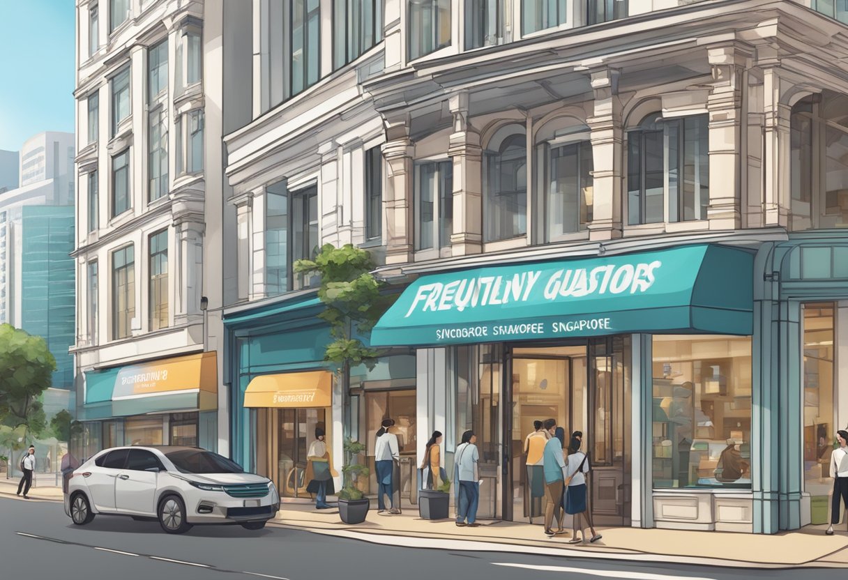 A bustling city street with a prominent sign reading "Frequently Asked Questions prime singapore" above a modern storefront