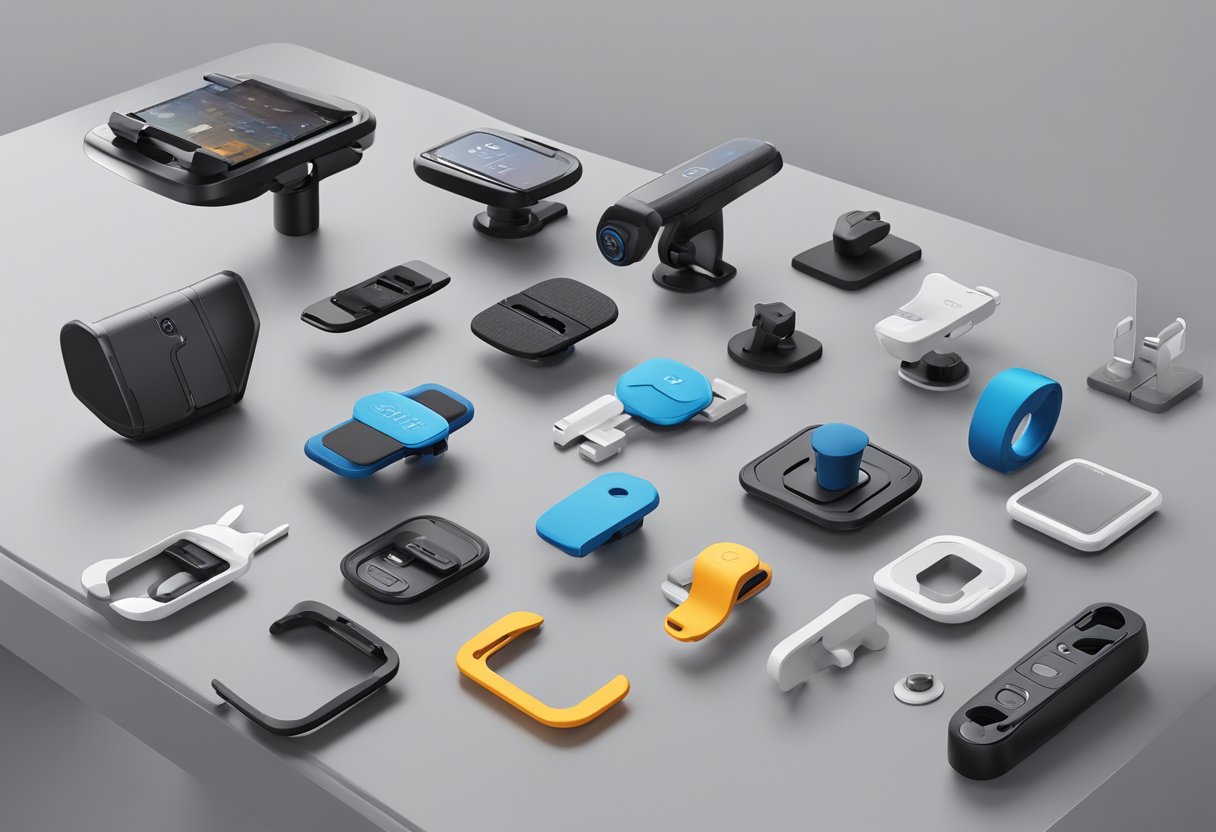 A table displaying various Quad Lock accessories and customization options. Wall-mounted phone holders and bike mounts are showcased
