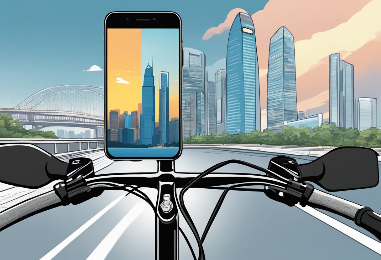A smartphone mounted securely on a bike handlebar with a Quad Lock mount, against a backdrop of Singapore's iconic skyline
