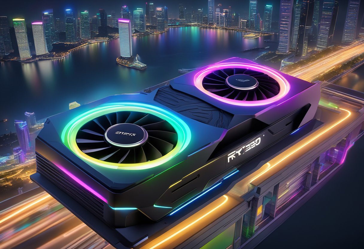 A sleek and powerful RTX 3080 graphics card glowing with vibrant lights, set against the backdrop of the Singapore skyline at night