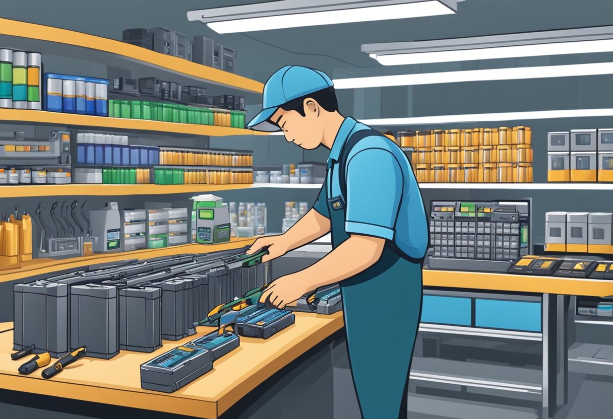 A technician replaces a Samsung battery in Singapore shop. Tools and equipment are neatly arranged on the workbench