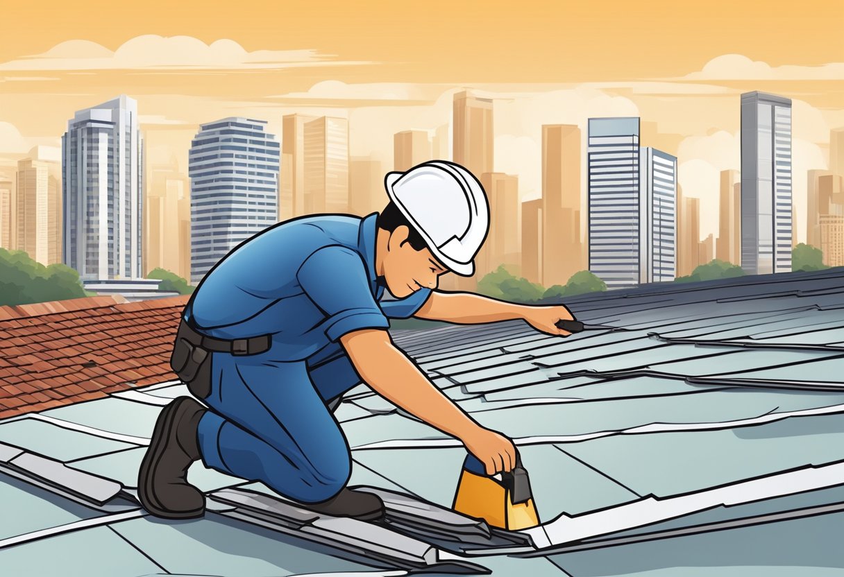 A roofing contractor in Singapore installing shingles on a residential roof with the city skyline in the background
