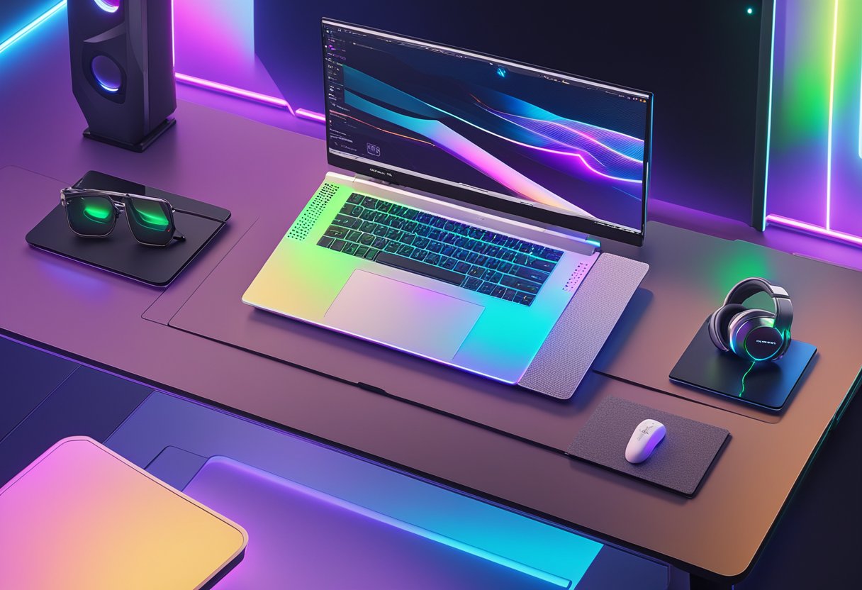 The RTX 3080 card sits prominently on a sleek, modern desk, surrounded by high-tech peripherals and glowing LED lights, showcasing its powerful features and top-notch performance
