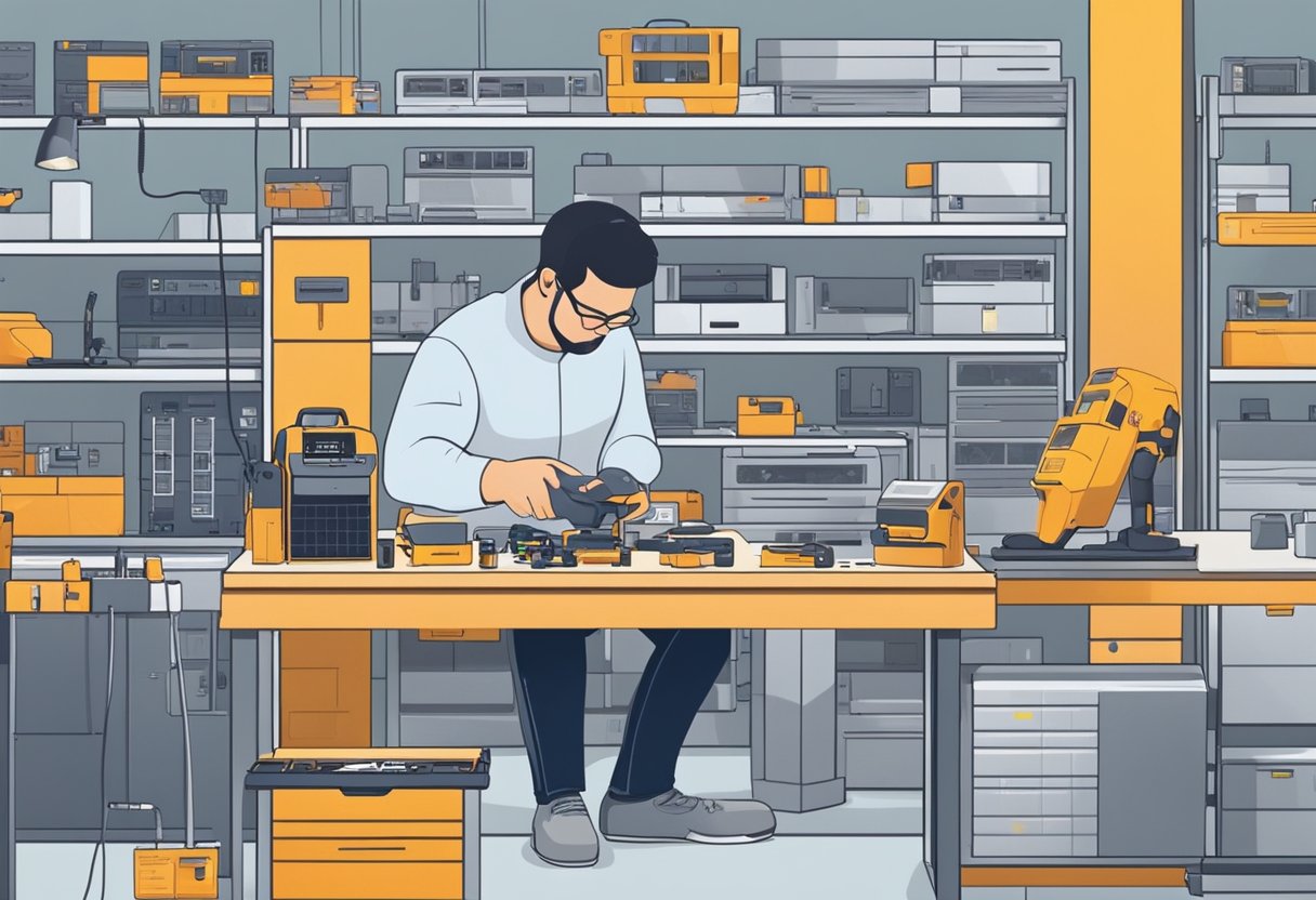A technician carefully replaces a Samsung battery in a clean, well-lit workspace. Tools and replacement parts are neatly organized on the workbench