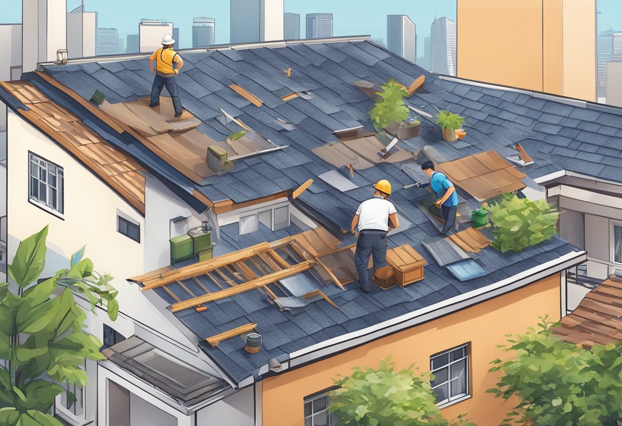 A roofer inspecting and repairing a rooftop in Singapore. Various roofing materials and tools are scattered around the work area