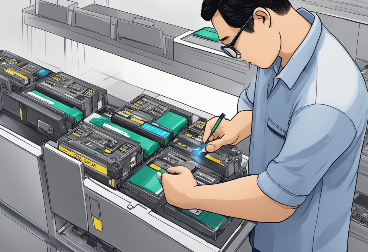 A technician replacing a Samsung battery at a repair shop in Singapore