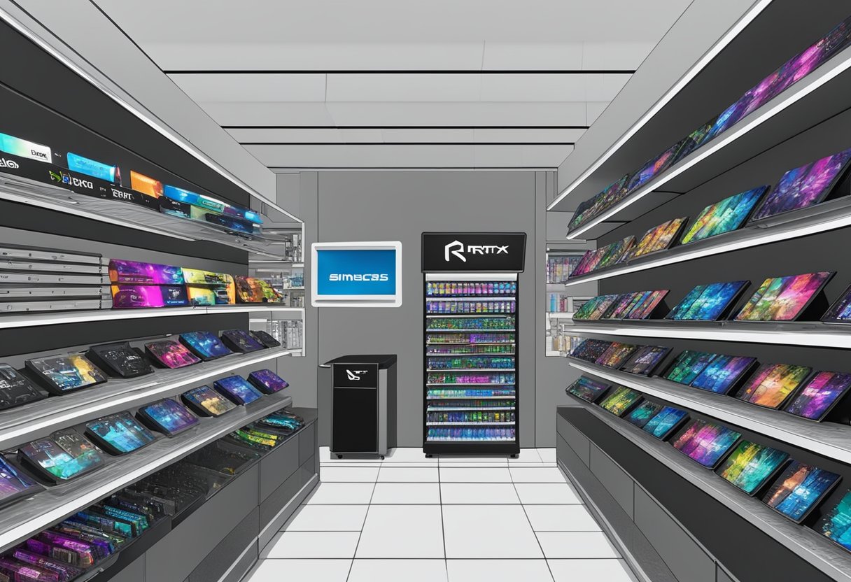 Various brands and models of RTX 3080 graphics cards displayed on shelves in a Singaporean electronics store