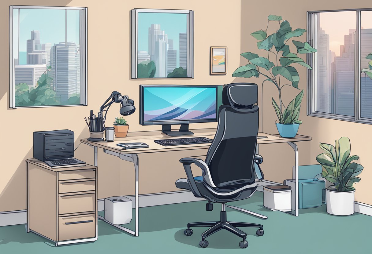 A computer desk with a monitor displaying "Frequently Asked Questions rtx 3080 Singapore", surrounded by tech accessories and a comfortable chair