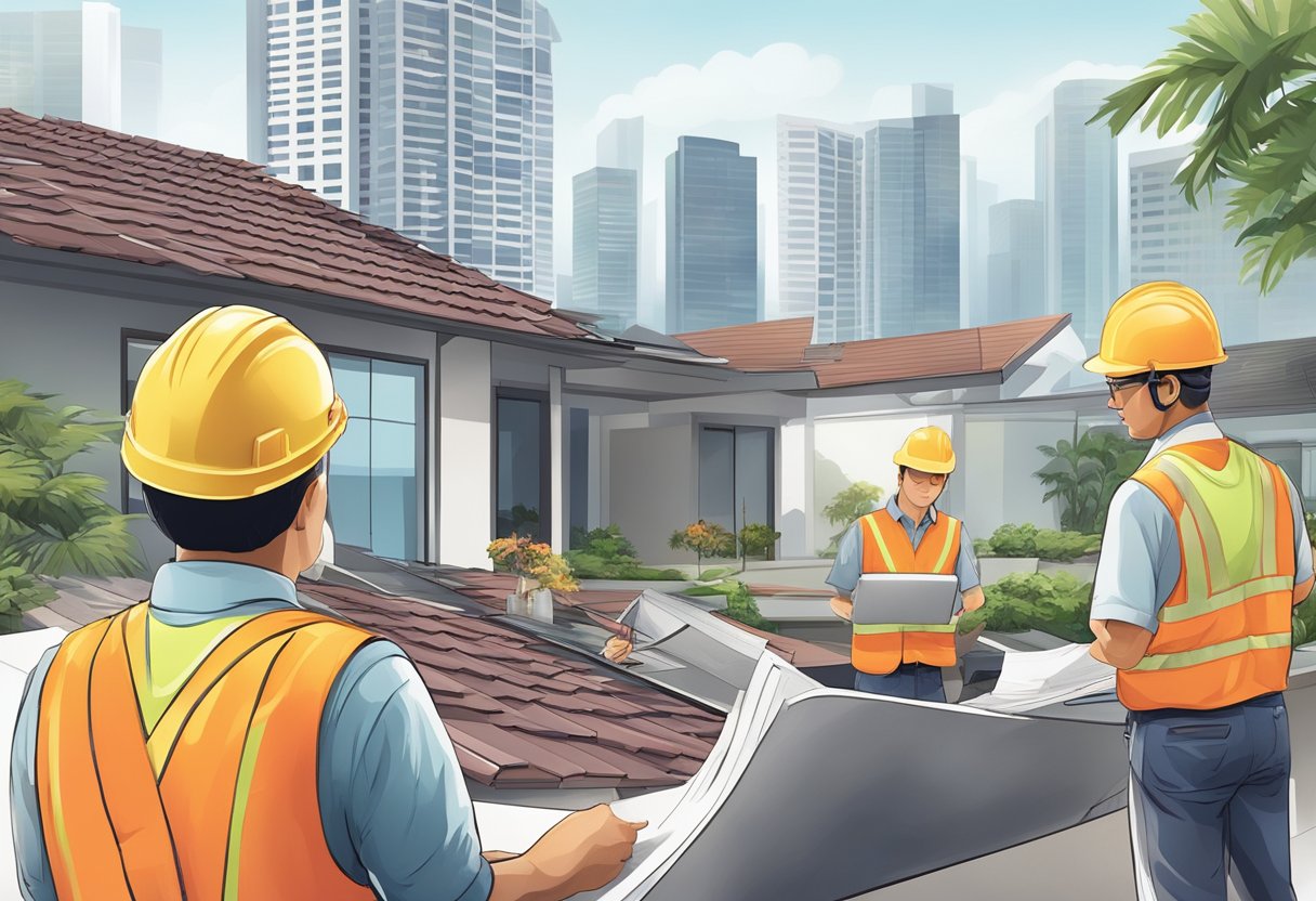 A project manager oversees a roofing installation while a customer service representative assists a client in Singapore