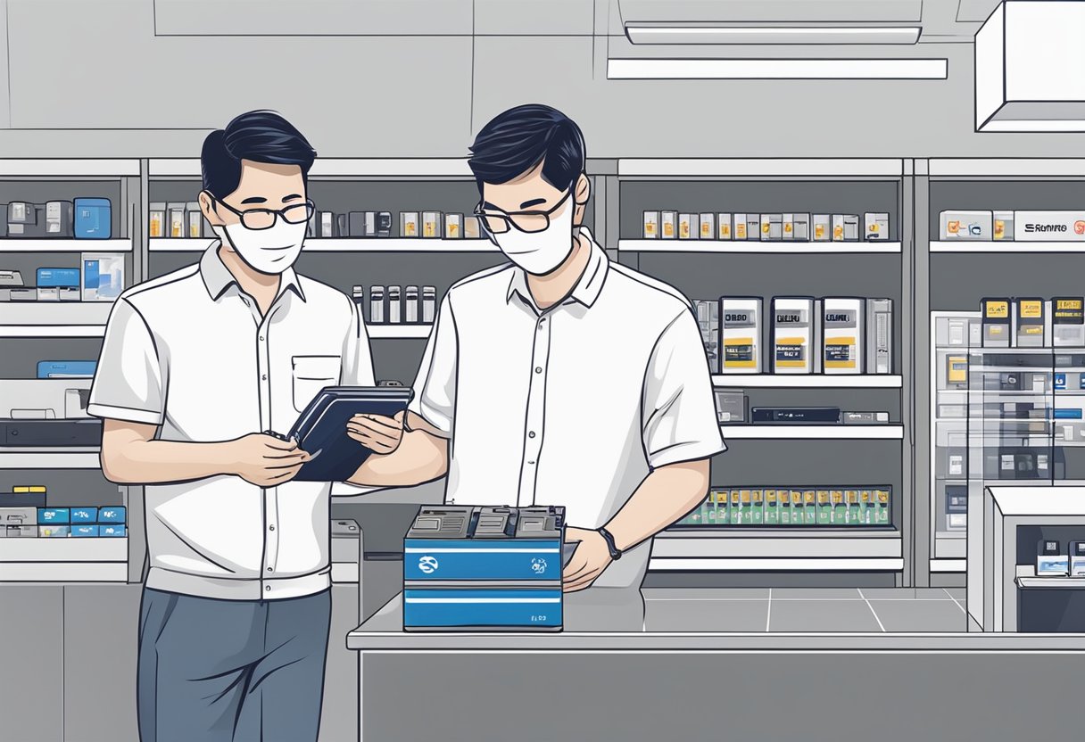 A customer service representative holds a Samsung battery, while a technician replaces it in a sleek and modern Singaporean electronics store