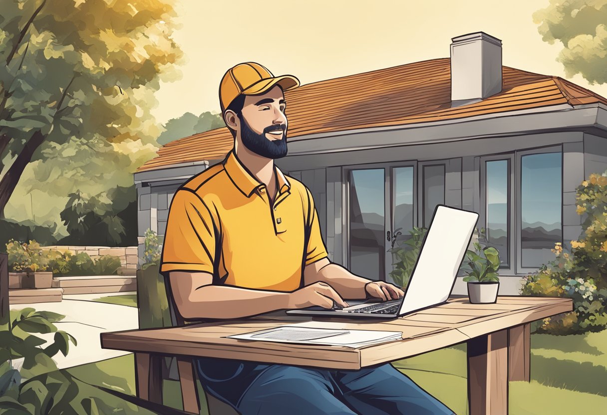 A roofer answering questions for clients in a sunny, outdoor setting with a laptop and brochure in hand