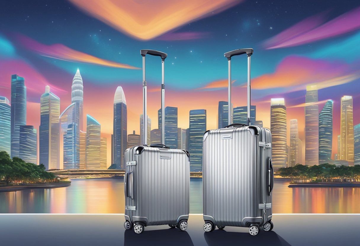 A sleek, silver Rimowa luggage sits against a backdrop of modern Singapore cityscape, reflecting the vibrant lights and bustling atmosphere