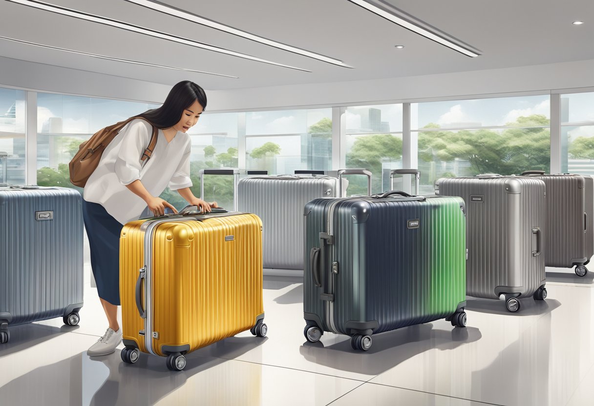 A traveler opens a display of Rimowa luggage in a modern Singapore store