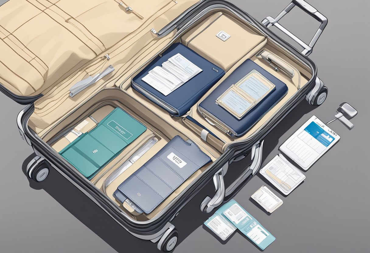 A sleek Rimowa suitcase sits open on a clean, modern surface. A passport, boarding pass, and travel itinerary are neatly arranged inside, ready for an upcoming journey