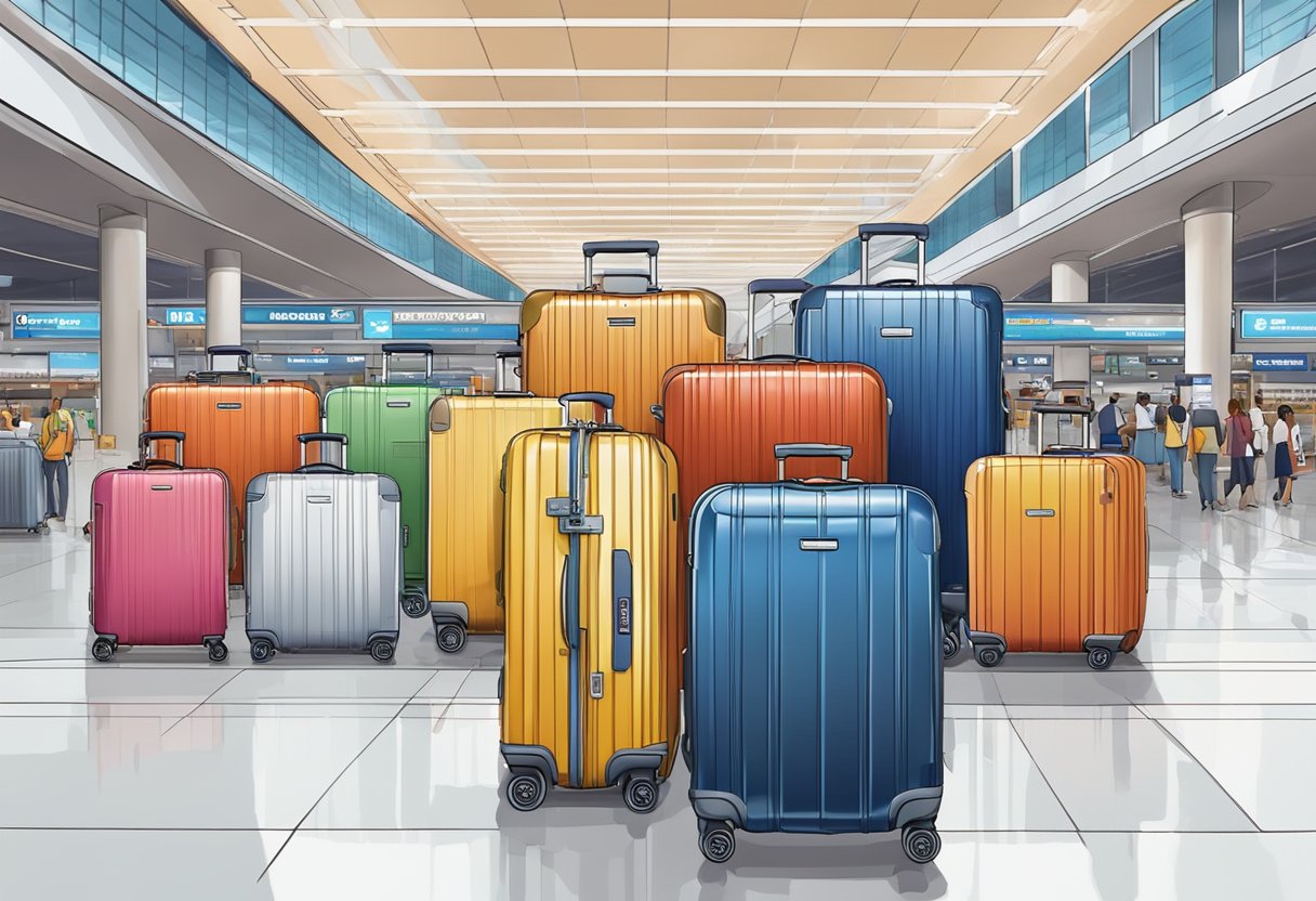 A stack of Rimowa luggage with a sign reading "Frequently Asked Questions" in a bustling Singapore airport