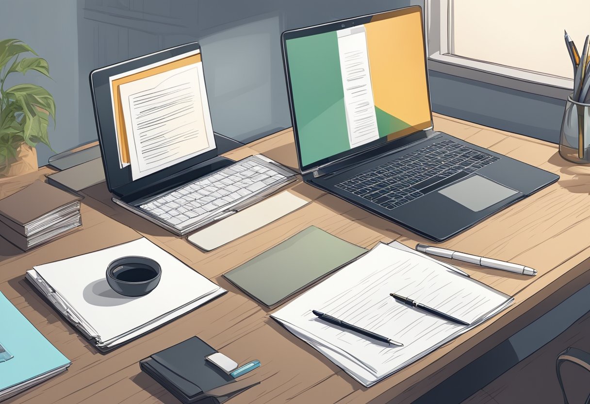 A desk with a laptop, pen, and resignation letter. A clock on the wall shows 5:00. A pensive atmosphere