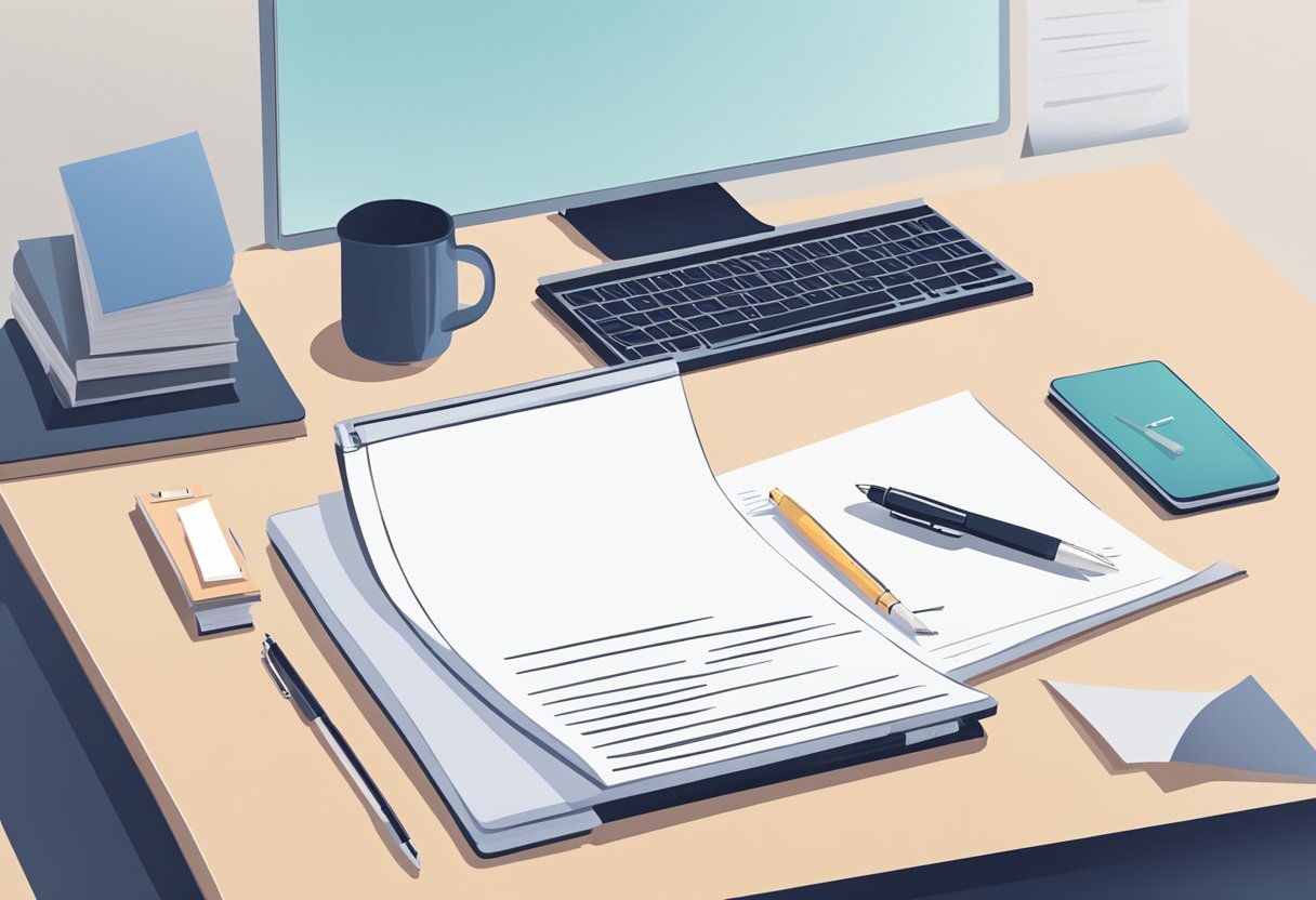 A desk with a laptop, pen, and paper. A printed resignation letter format guide from Singapore on the screen