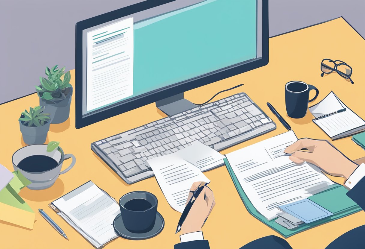 A desk cluttered with papers, a computer screen displaying a resignation letter template, and a hand reaching for a pen
