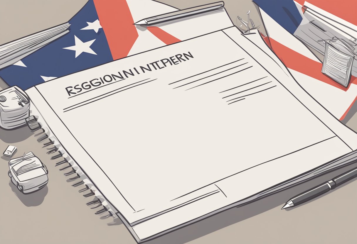 A neatly typed resignation letter on a desk with a Singaporean flag in the background