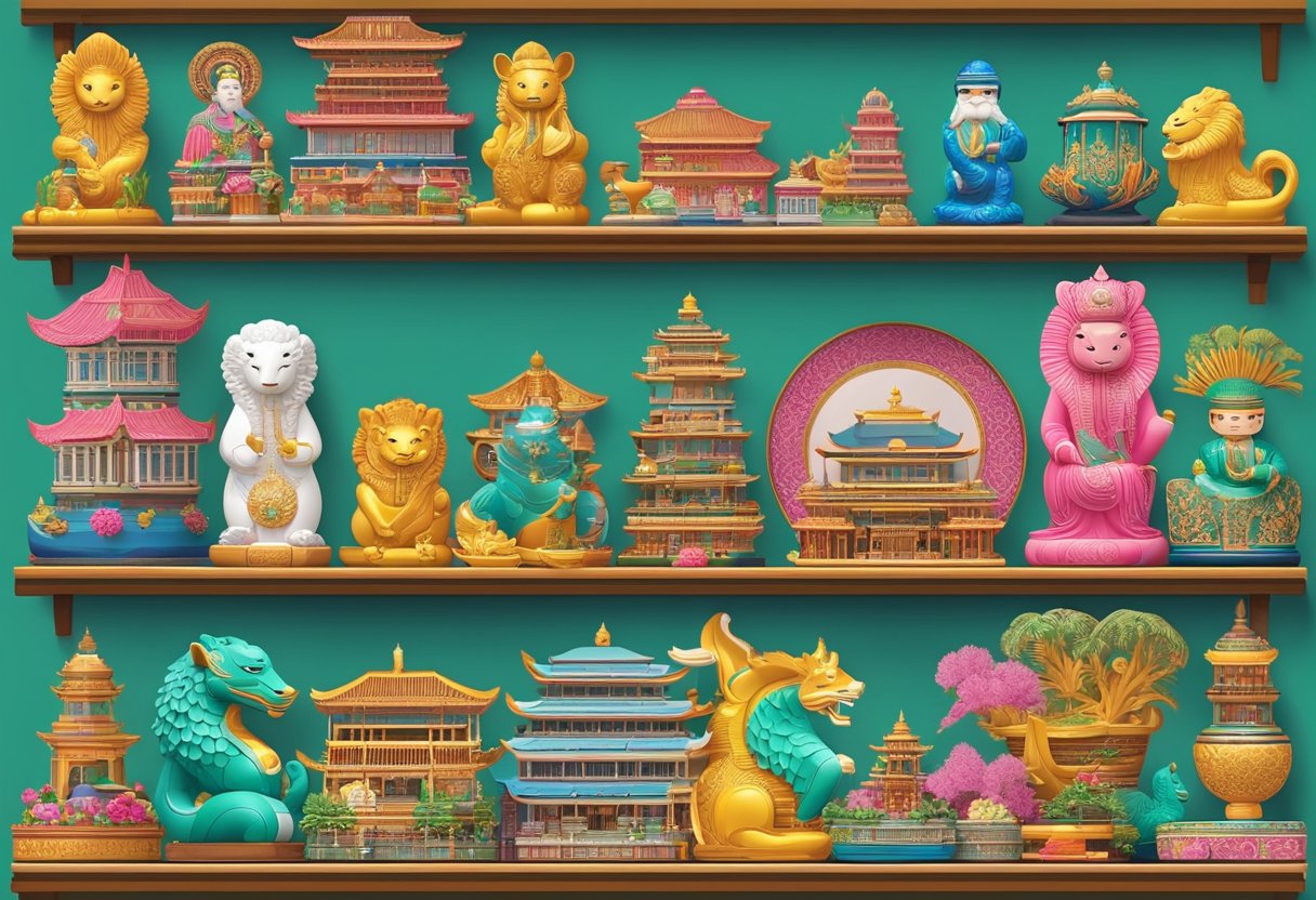 A display of Singapore souvenirs, including Merlion figurines and Peranakan-inspired trinkets, arranged on shelves in a vibrant, bustling market
